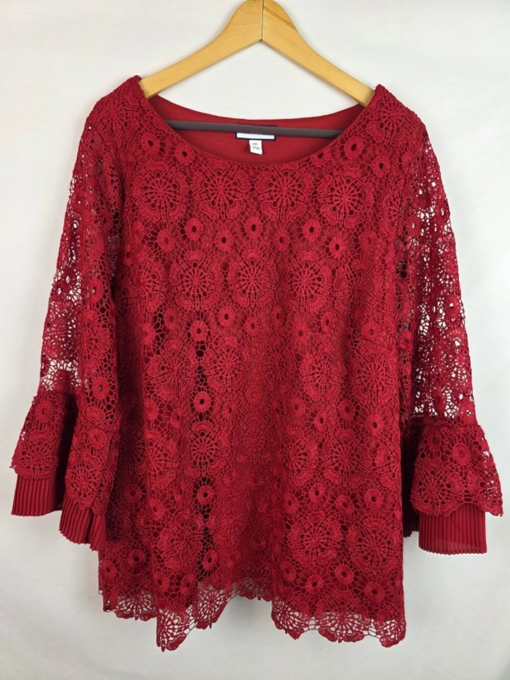 Charter Club Womens Top Size XXL Red Lace Flared Sheer Long Sleeve Shirt Blouse